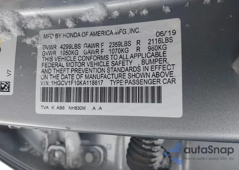 2019 Honda Accord Lx z USA, uszkodzony, nr VIN 1HGCV1F10KA118617